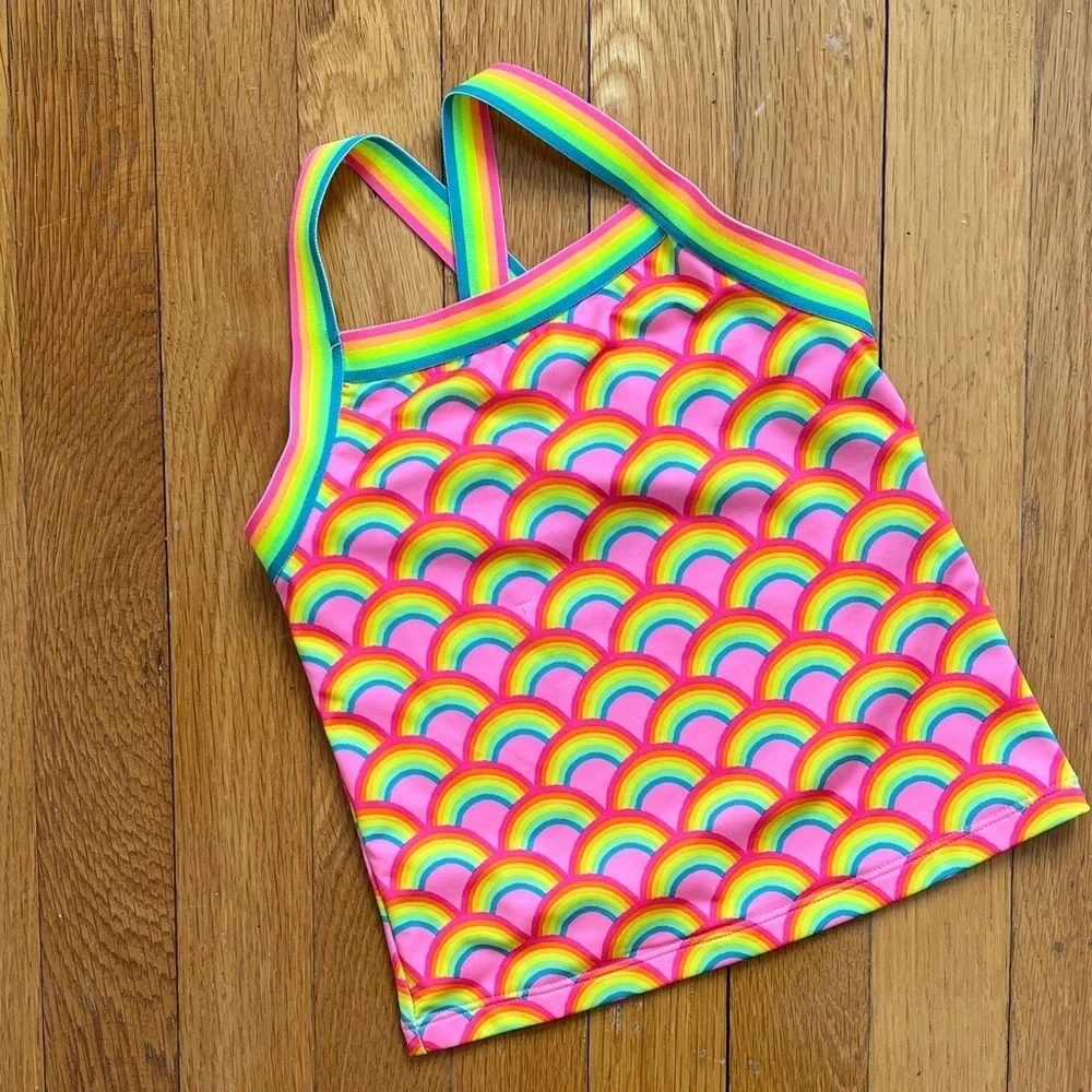 Land’s End Girls Size 5 Strappy Back Tankini Swimsuit Swim Top Neon Rainbows